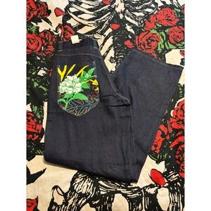 Noiz Jeans Mens Wide Leg Denim Koi Fish Floral Embroidered Dark Wash 32x34 rare